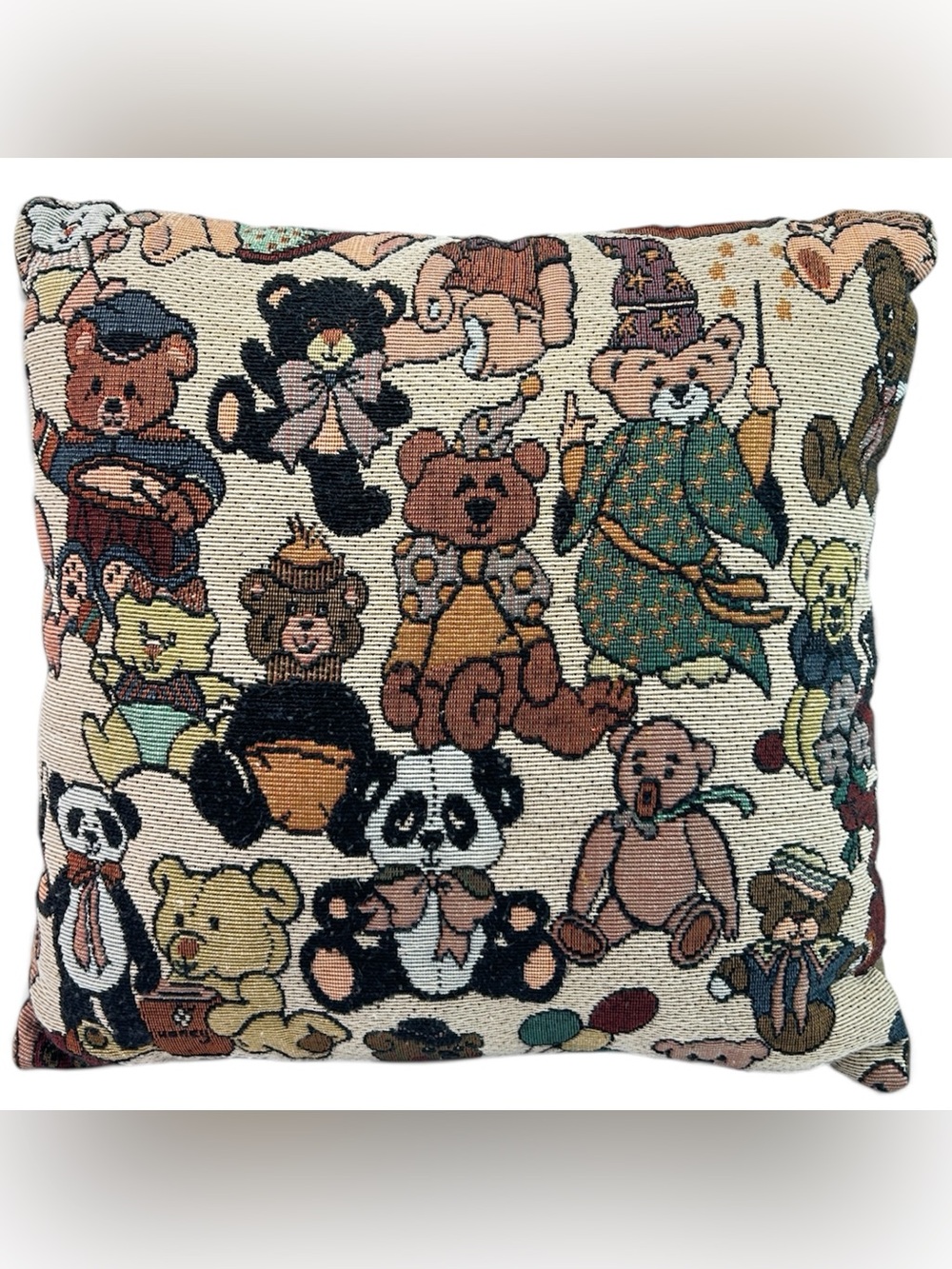 Vintage Teddy Bear Tapestry Throw Pillow 11x11 Whimsical Cottagecore